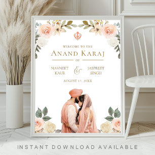 Peach Floral Anand Karaj Sikh Wedding Welcome Sign