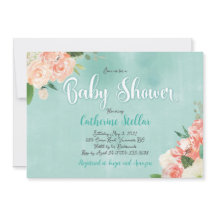 Peach floral and Teal Baby shower invitation