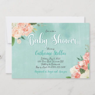 Peach floral and Teal Baby shower invitation