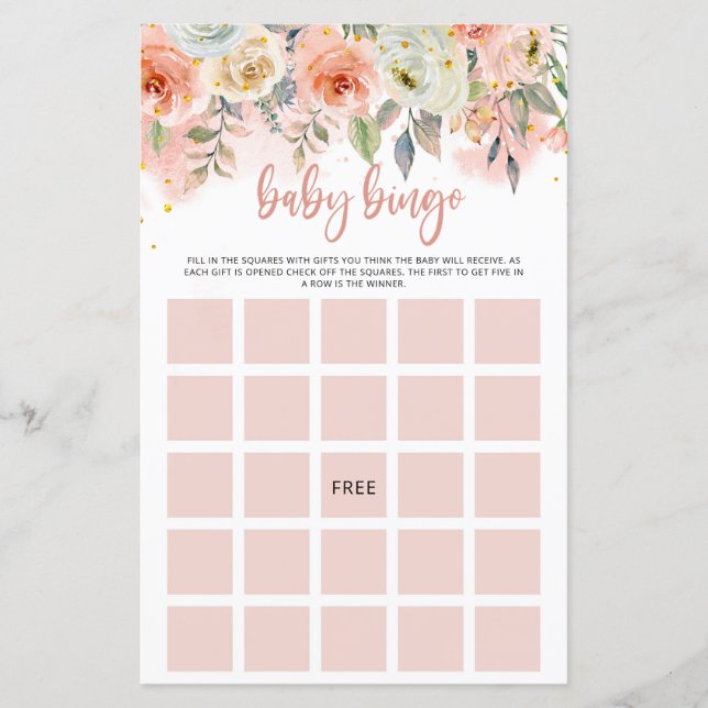 Peach Floral Baby Girl Bingo Paper Sheet (Front)
