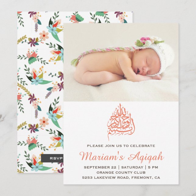 Peach Floral Baby Girl Photo Aqiqah Invitation (Front/Back)