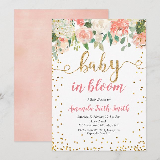Peach Floral Baby in Bloom Baby Shower Invitation (Front/Back)