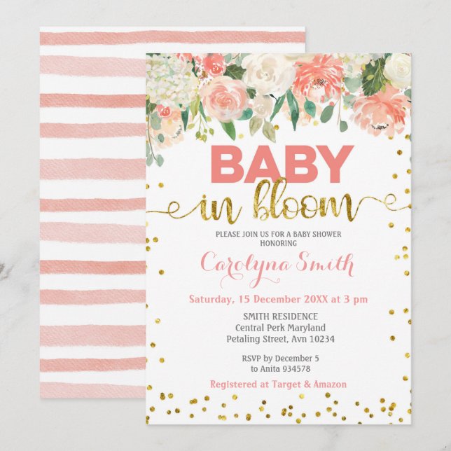 Peach Floral Baby in Bloom Invitation (Front/Back)