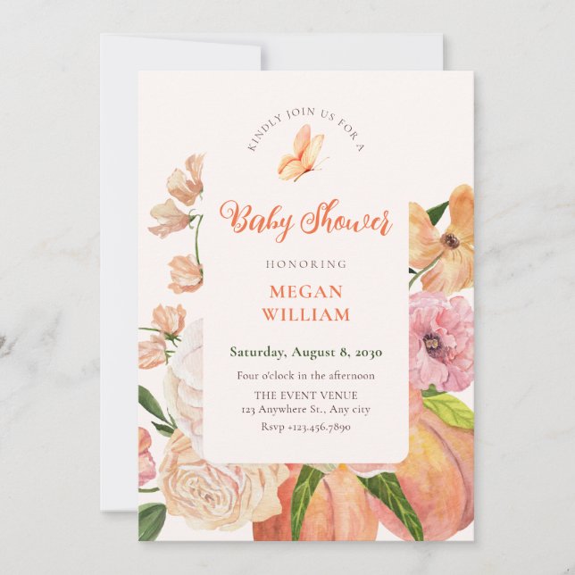 Peach floral Baby shower Invitation (Front)