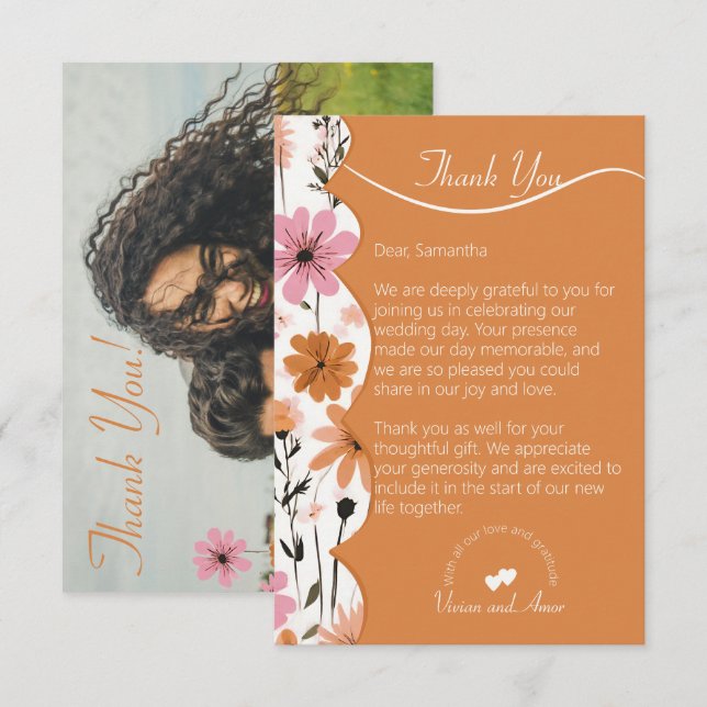 Peach Floral Boarder and Burnt Orange Wedding  Thank You Card (Front/Back)