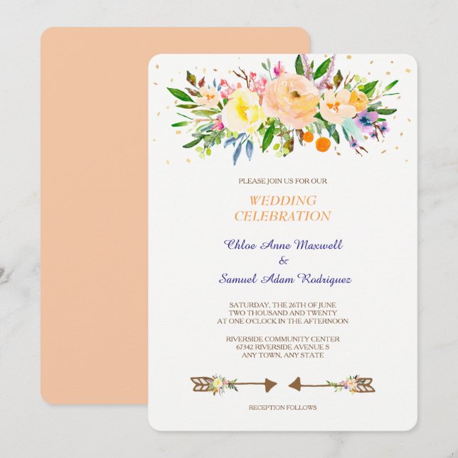 Peach Floral Bouquet Wedding Invitation (Front/Back)