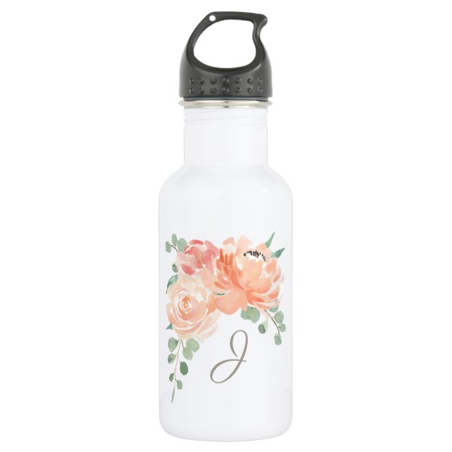 Peach Floral Bouquet with any Monogram 532 Ml Water Bottle (Front)