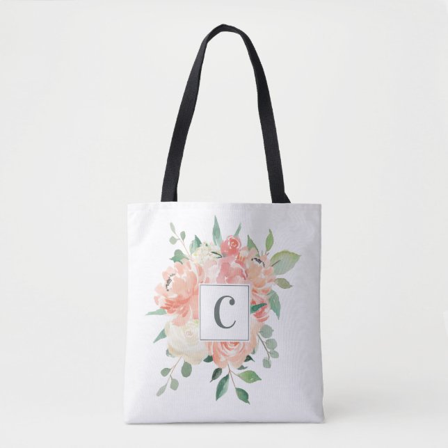 Peach Floral Bouquet with Any Monogram Tote Bag (Front)