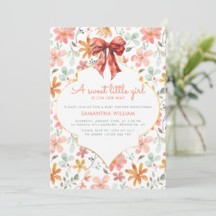 Peach Floral Bow Coquette Baby Shower Invitation