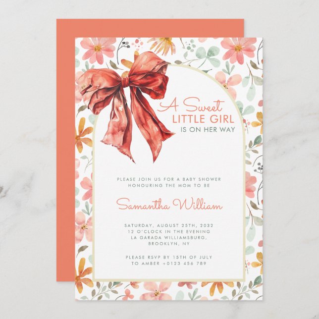 Peach Floral Bow Coquette Baby Shower  Invitation (Front/Back)