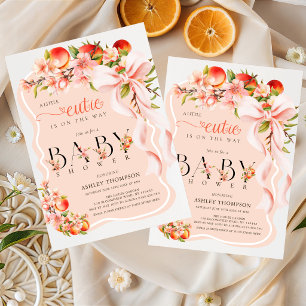 Peach Floral Bow Little Cutie Baby Shower Invitation