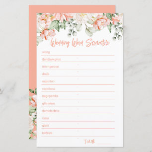 Peach Floral Bridal Shower Word Scramble Game Card