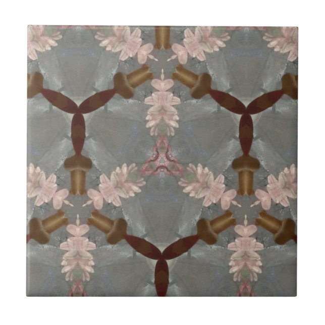 Peach Floral Brown Bamboo Abstract Asian Pattern Tile (Front)