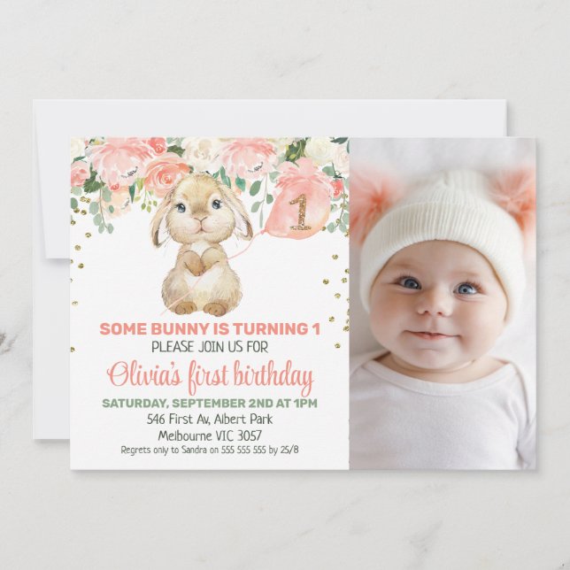 Peach Floral Bunny Photo 1st Birthday Invitation (Front)