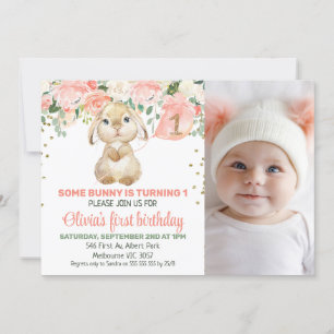 Peach Floral Bunny Photo 1st Birthday Invitation