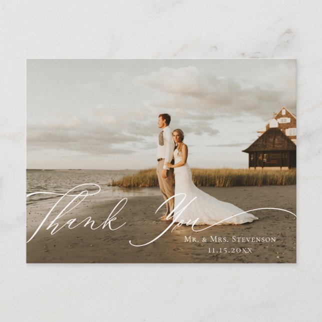 Peach Floral Calligraphy Wedding Photo Thank You Postcard (Front)
