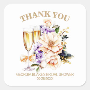 Peach Floral Champagne Bridal Shower Thank You Square Sticker