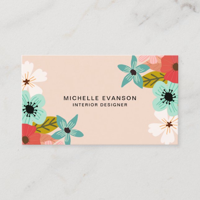 Peach Floral Colourful Flowers Elegant Business Card (Front)