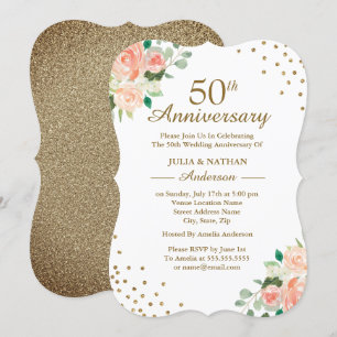 Peach Floral Confetti 50th Wedding Anniversary Invitation