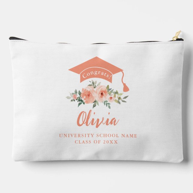 Peach Floral Congrats Graduation Accessory Pouch (Back)