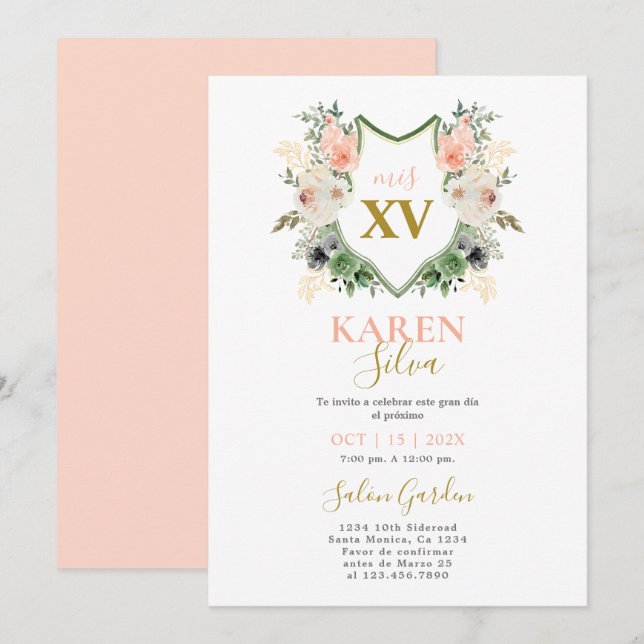 Peach floral Crest Quinceanera Invitation (Front/Back)