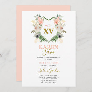Peach floral Crest Quinceanera Invitation