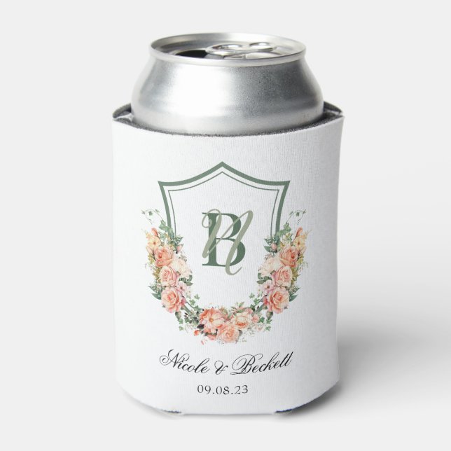Peach Floral Crest Wedding Cooler (Can Front)
