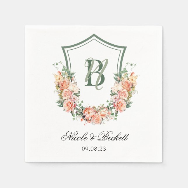 Peach Floral Crest Wedding Napkin (Front)