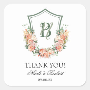Peach Floral Crest Wedding Thank You Square Sticker