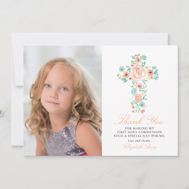 Peach Floral Cross First Holy Communion Thank You Card (Front)