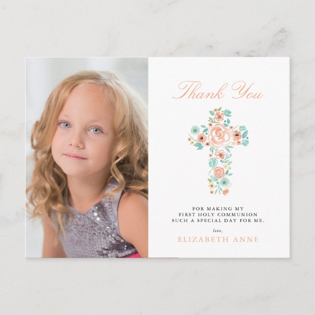 Peach Floral Cross First Holy Communion Thank You Postcard (Front)