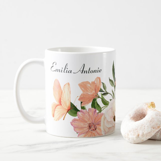 Peach floral custome name coffee mug (With Donut)