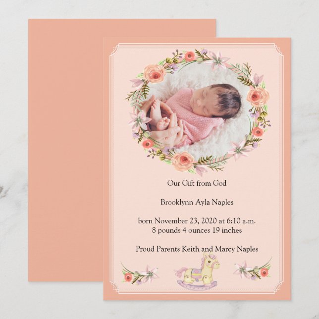 Peach Floral Design Birth Announcement (Front/Back)