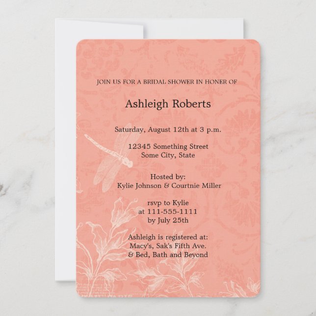 Peach Floral Dragonfly Bridal Shower Invitation (Front)