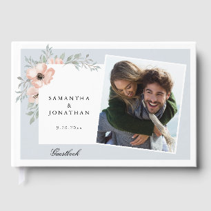 Peach Floral Dusty Blue 2 Photos Wedding Guest Book