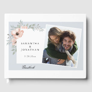 Peach Floral Dusty Blue 2 Photos Wedding Guest Book