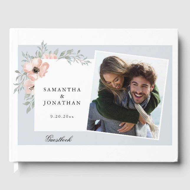 Peach Floral Dusty Blue 2 Photos Wedding Guest Book (Front)