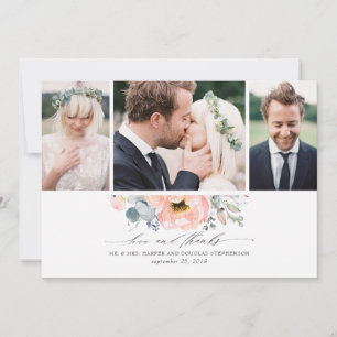 Peach Floral Dusty Blue Wedding 3 Photos Thank You Card