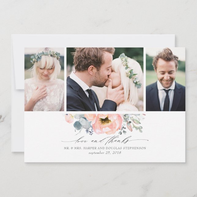 Peach Floral Dusty Blue Wedding 3 Photos Thank You Card (Front)