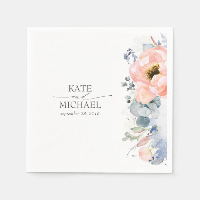 Peach Floral Dusty Blue Wedding Napkin (Front)