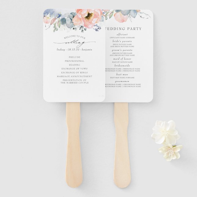 Peach Floral Dusty Blue Wedding Program Hand Fan (Front and Back)