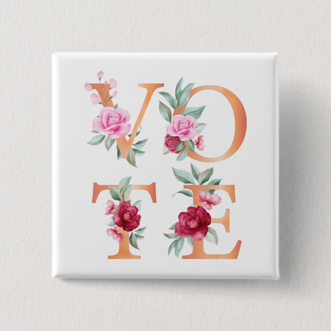 Peach Floral Elegant Feminine Go Vote 15 Cm Square Badge (Front)