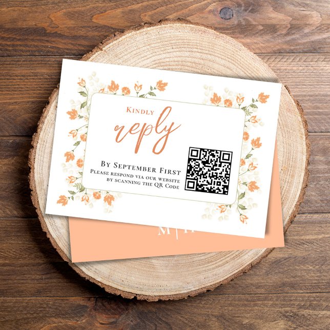 Peach Floral Elegant Wedding RSVP Card (Simple Wedding reply card with a peach floral background and QR code template.)