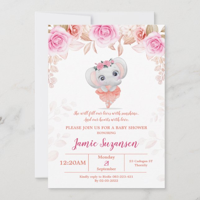 Peach Floral Elephant Baby Shower Girl Invitation (Front)