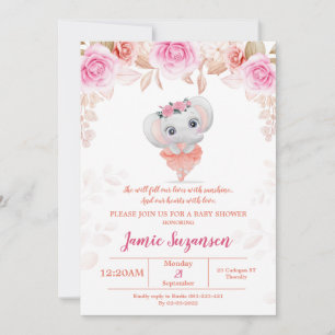 Peach Floral Elephant Baby Shower Girl Invitation
