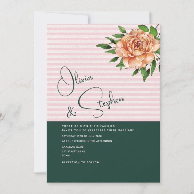 Peach Floral Emerald Pink Wedding Invitation (Front)