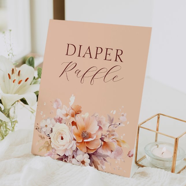 Peach Floral Fall Baby Shower Diaper Raffle Pedestal Sign (Creator Uploaded)