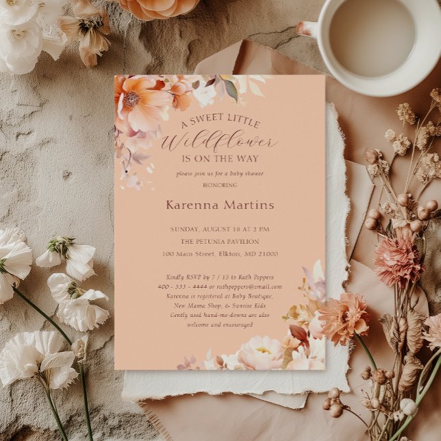 Peach Floral Fall Little Wildflower Baby Shower Invitation (Creator Uploaded)