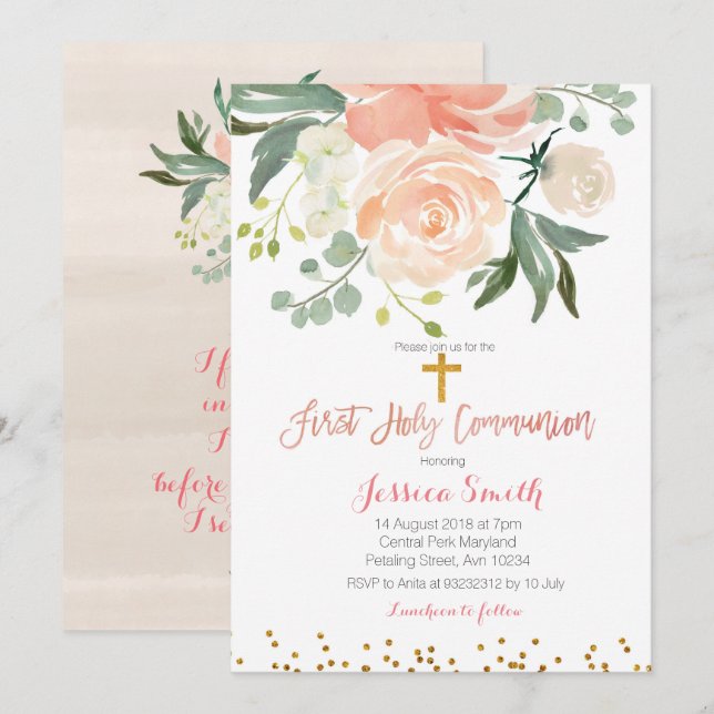 Peach floral First Communion Invitation (Front/Back)