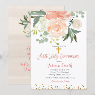 Peach floral First Communion Invitation